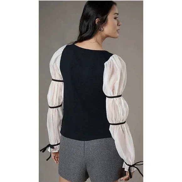 Maeve Anthropologie Black Top XL Sheer Puff Sleeve Tiered Romantic Blouse - Picture 5 of 8